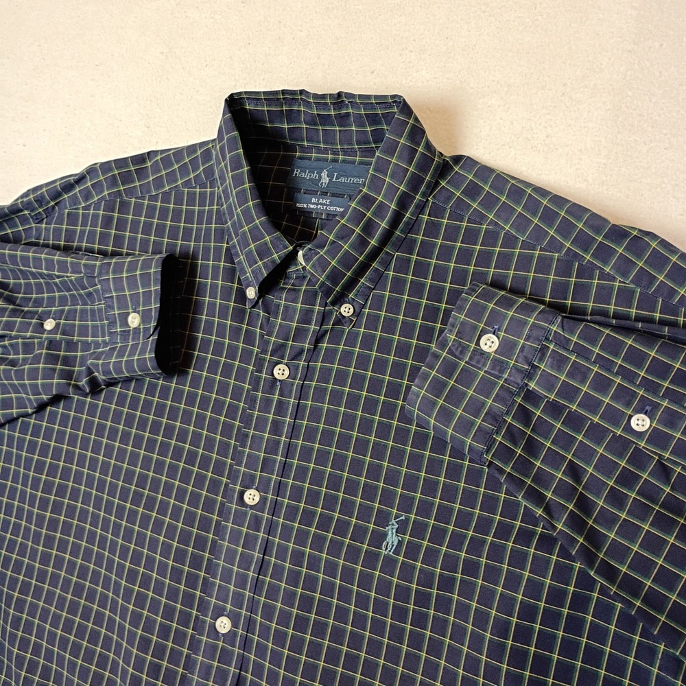 Ralph Lauren Mens Blake Large Navy Green Windowpane Plaid Button Down Shirt